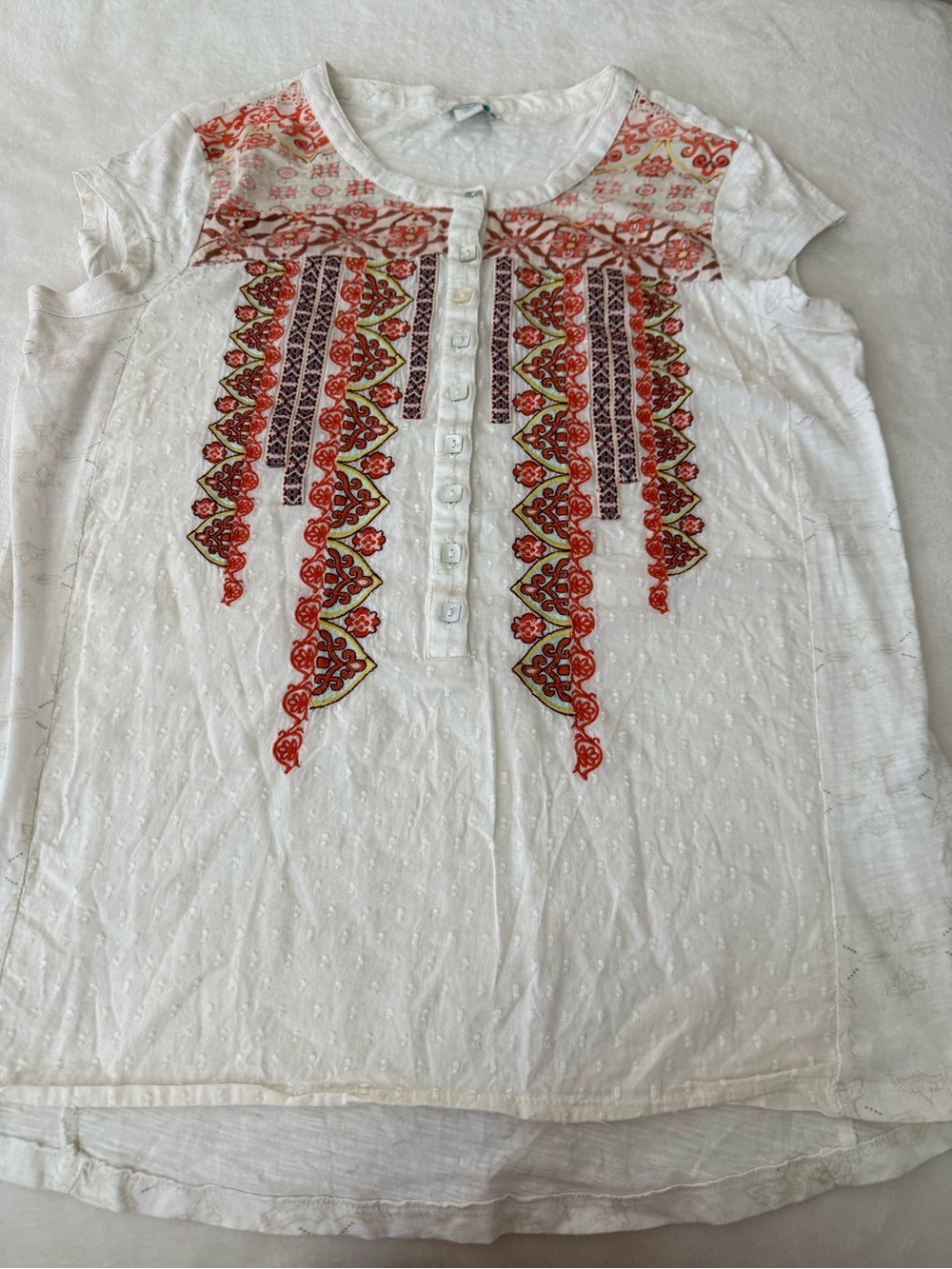 Sundance Embroidered Cotton Short-Sleeve Top - White with Red & Green Accents